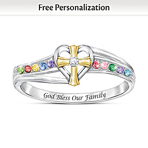 Religious Personalized Birthstone And Diamond Family Ring