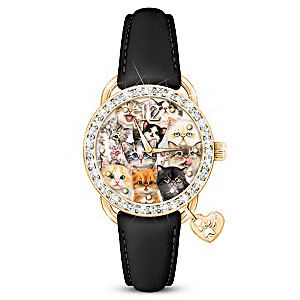 Kayomi Harai "Sassy Cat" Leather Watch With 40 Crystals
