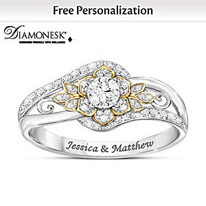 Floral Simulated Diamond Ring Personalized With Your 2 Names