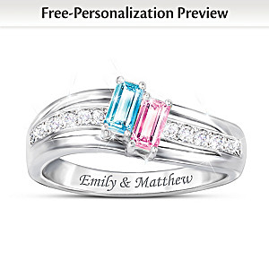 Romantic Crystal Birthstone Ring With 2 Engraved Names