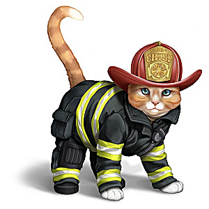 "Chief Furry Fighter" Cat Figurine Wearing Firefighter Gear
