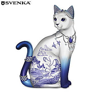 Blue Willow Porcelain Cat Figurine With Svenka Crystals