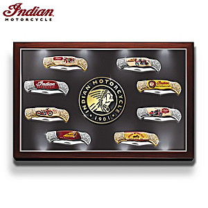 Indian Motorcycle Knife Collection With Illuminated Display