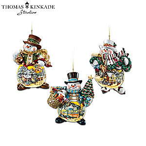 Thomas Kinkade Holiday Art Illuminated Snowman Ornaments