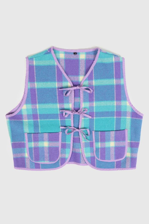 Slide View: 1: Reworked Woolen Plaid Tie Vest 20