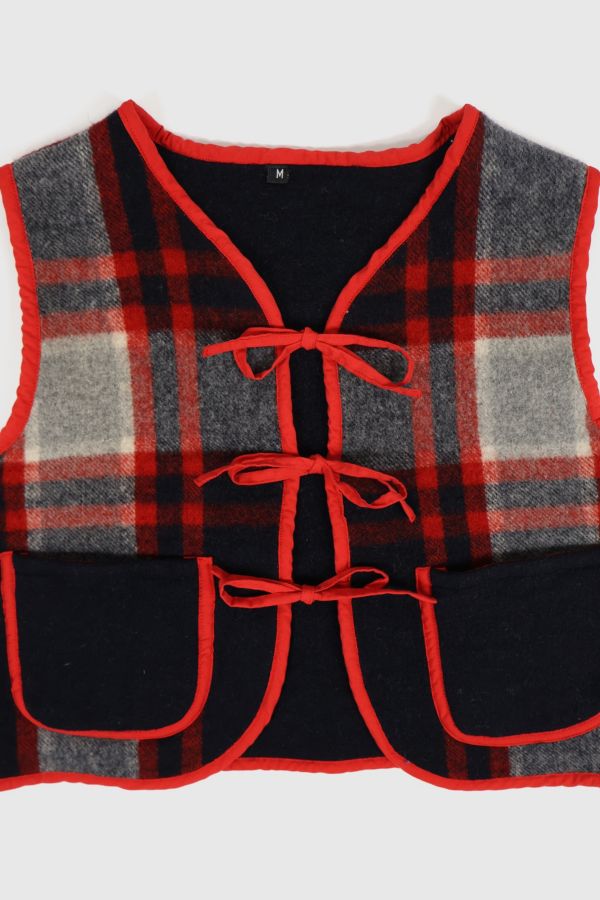 Slide View: 3: Reworked Woolen Plaid Tie Vest 11