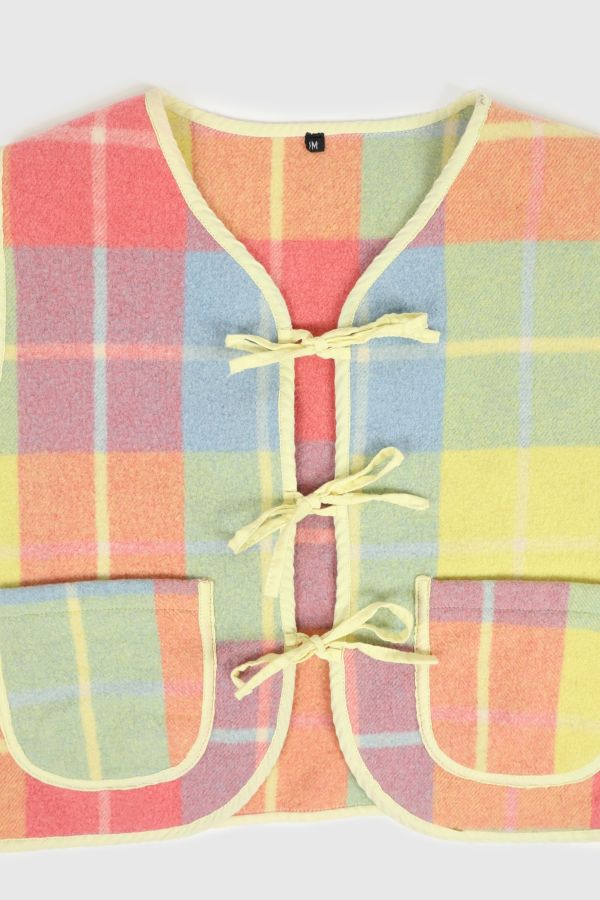 Slide View: 3: Reworked Woolen Plaid Tie Vest 15