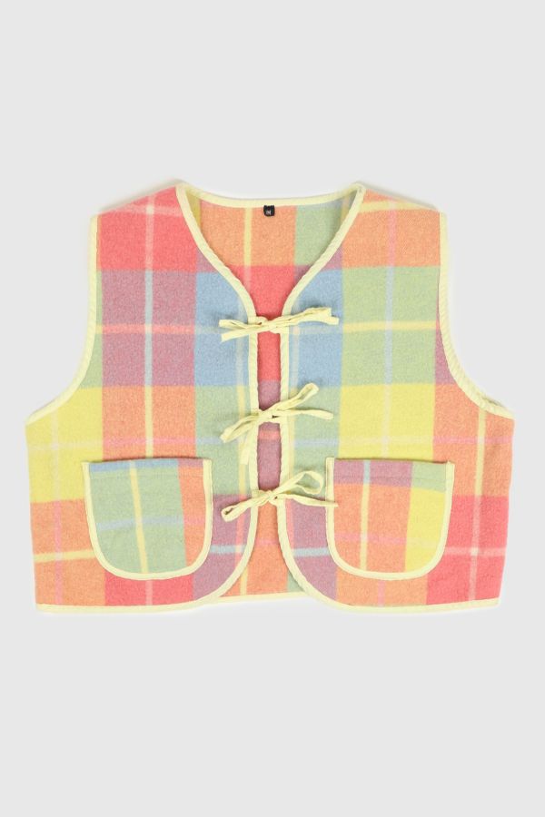 Slide View: 1: Reworked Woolen Plaid Tie Vest 15