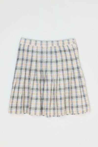 Vintage 90s Beige & Grey Pleated Plaid Linen Mini Skirt