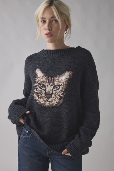 BDG Kurt Cat Graphic Distressed Oversized Sweater