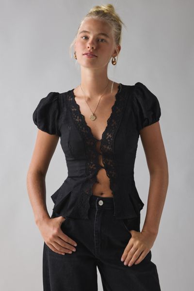 Kimchi Blue Aurelia Lace Trim Puff Sleeve Blouse