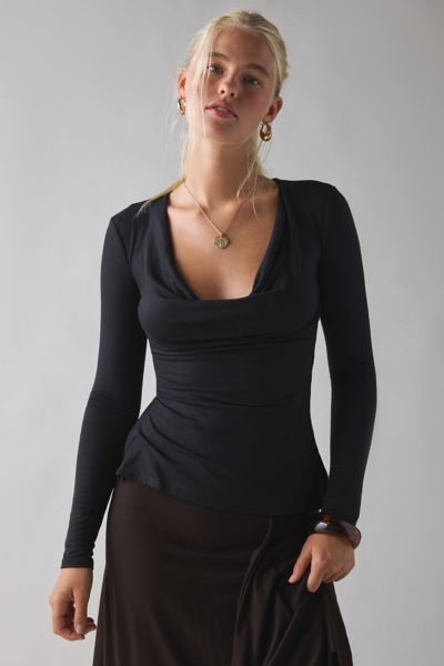 UO Late Night Jersey Knit Long Sleeve Cowl Neck Top