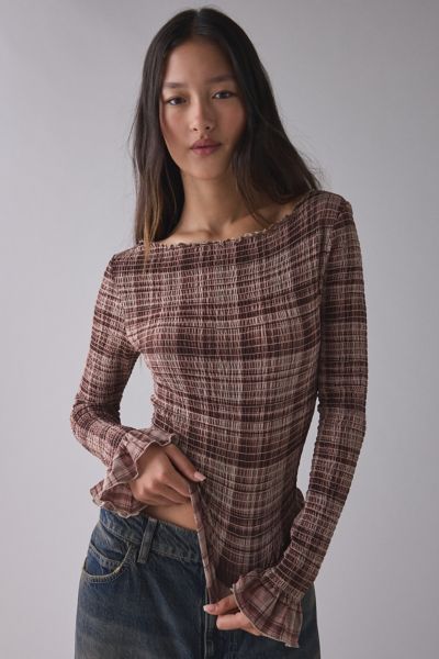 Kimchi Blue Susie Smocked Ruffle Boatneck Long Sleeve Top