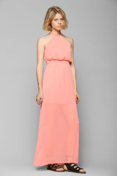 pink chiffon high neck maxi dress