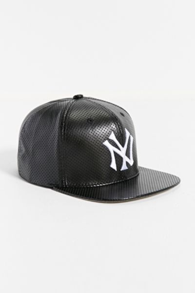 black leather ny baseball cap