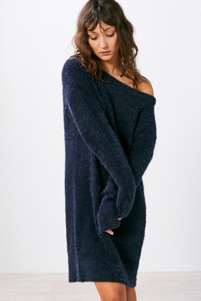 fuzzy off the shoulder sweater dress