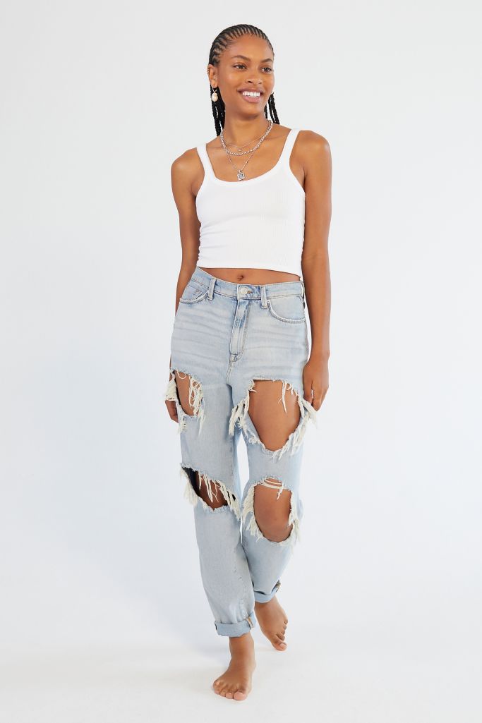 g High Waisted Mom Jean Destroyed Light Wash Urban Outfitters