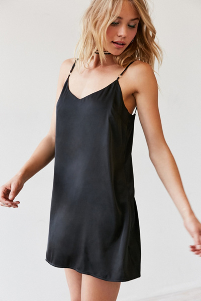 black satin mini slip dress