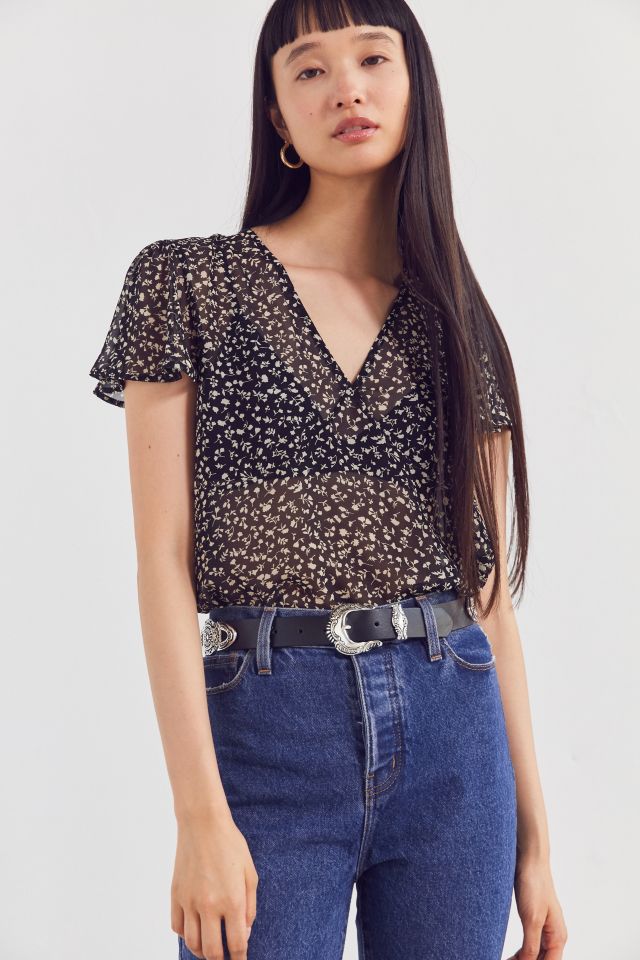 Ecote Sheer Floral Short Sleeve Top | Urban Outfitters