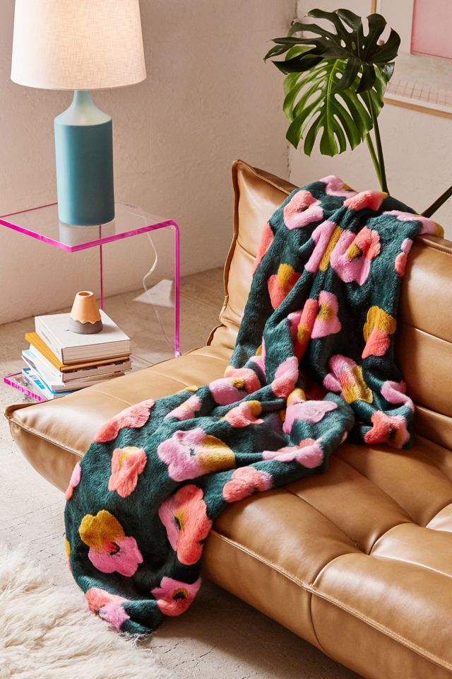Penny Floral Faux Fur Throw Blanket Urban Outfitters