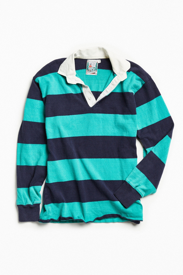 Vintage Thatcher & Cross Teal + Navy Stripe Rugby Shirt Urban Outfitters