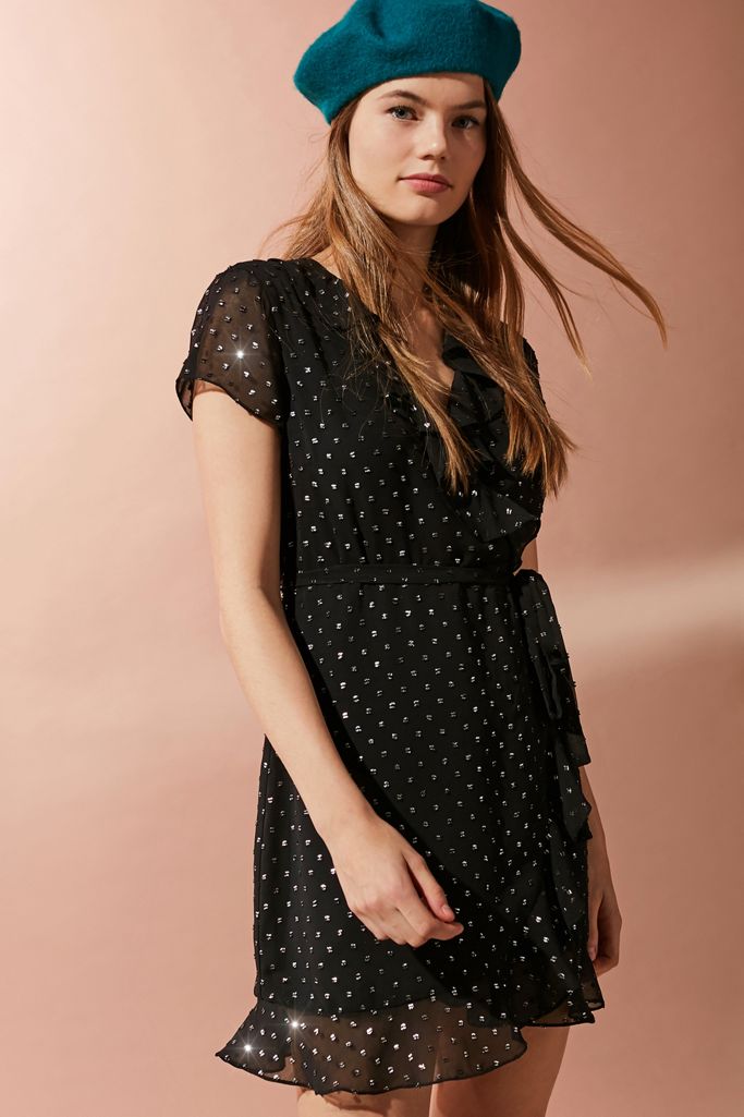 Bardot Foil Polka Dot Ruffle Wrap Dress | Urban Outfitters