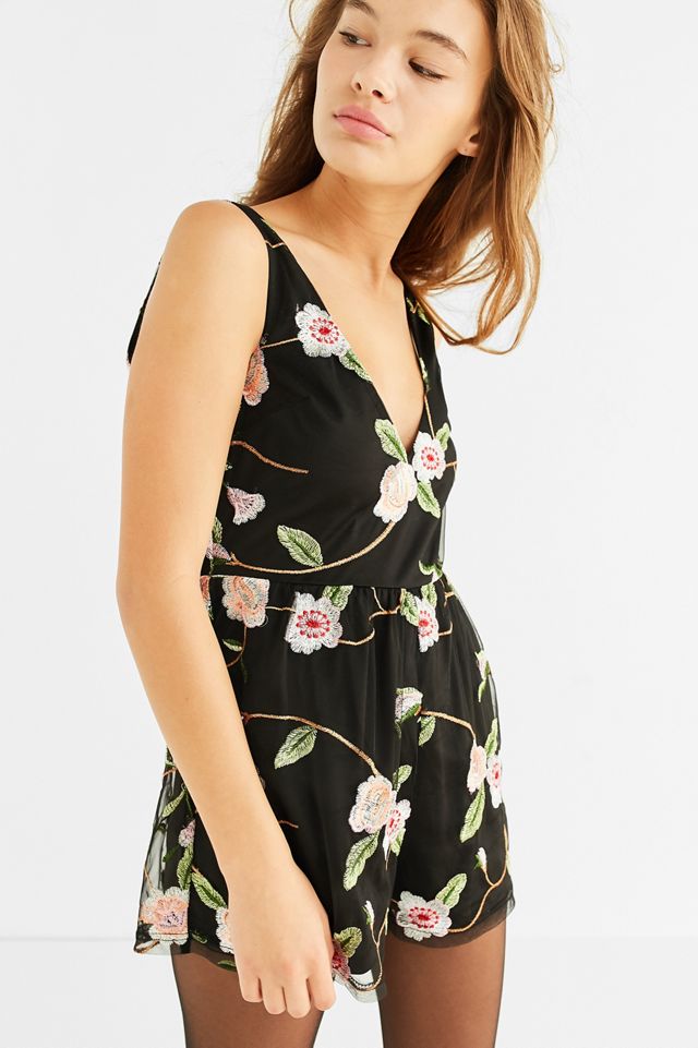 UO Floral Embroidered V-Neck Romper | Urban Outfitters