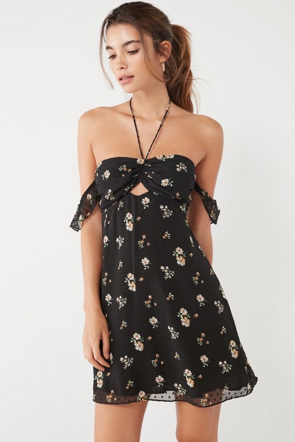 UO Swiss Dot Floral Halter Dress Urban Outfitters