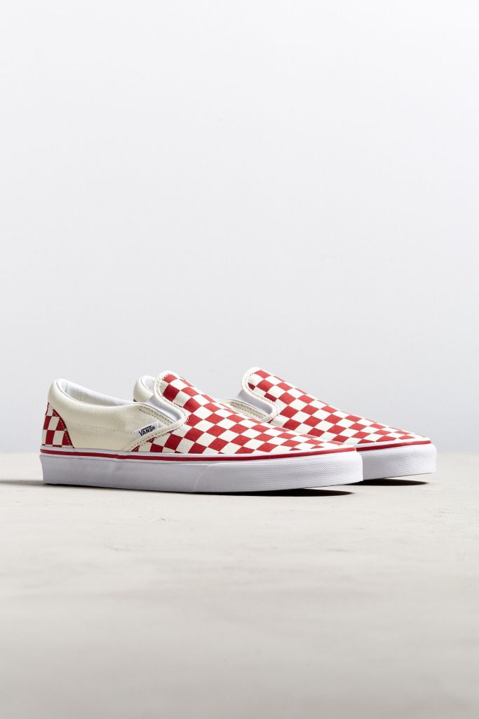 red checkerboard slip ons