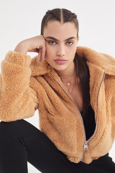 cropped teddy jacket with hood