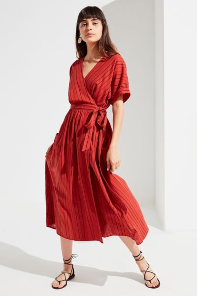 UO Gabrielle Linen Midi Wrap Dress 