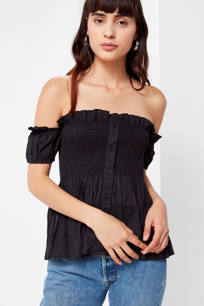 Uo Smocked Off The Shoulder Button Down Top Urban Outfitters Canada 0381