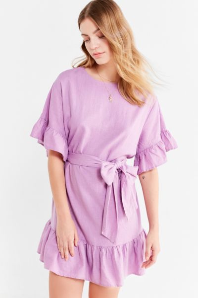 uo suddenly spring linen ruffle tie dress