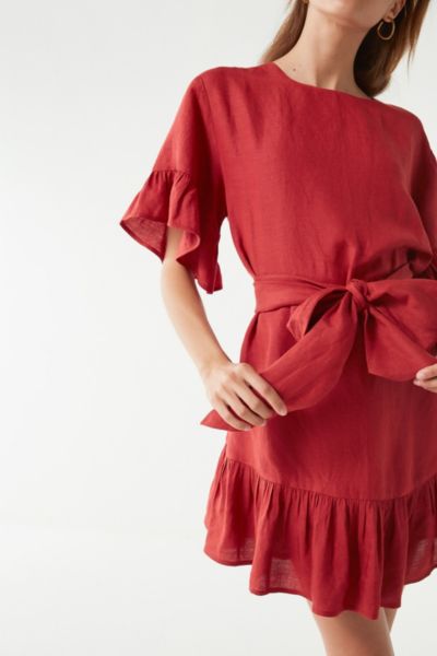 uo suddenly spring linen ruffle tie dress