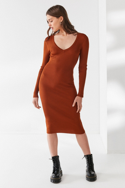ribbed v neck midi dress