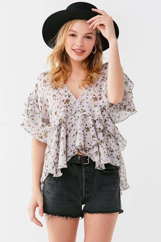 UO Plunging V-Neck Ruffle Top | Urban Outfitters