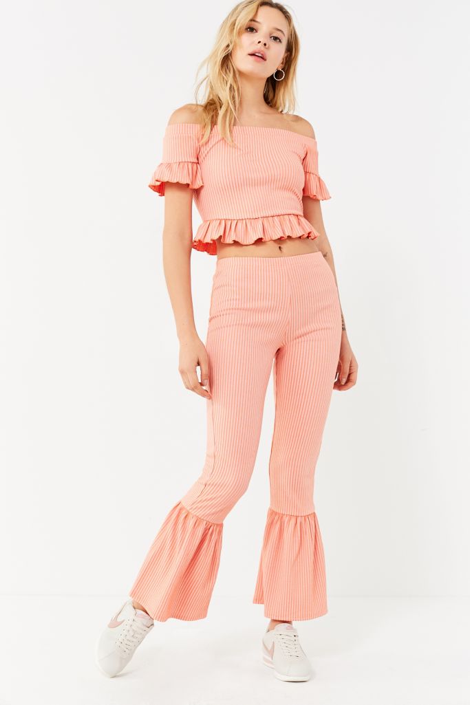 white ribbed flare pants