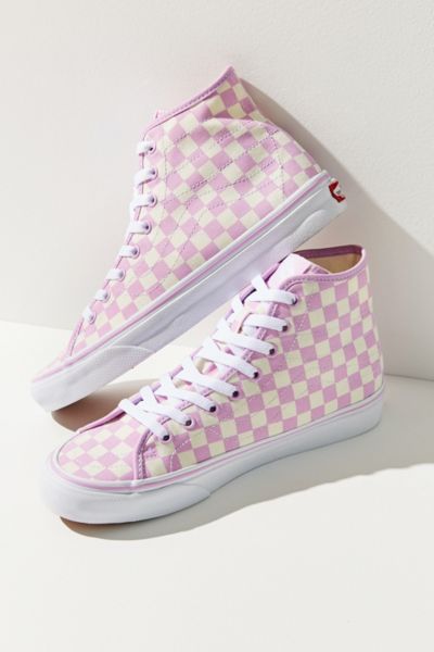pink checkered high top vans