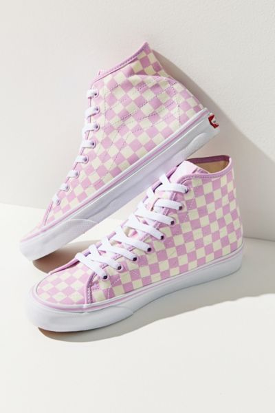 vans pink checkerboard high tops