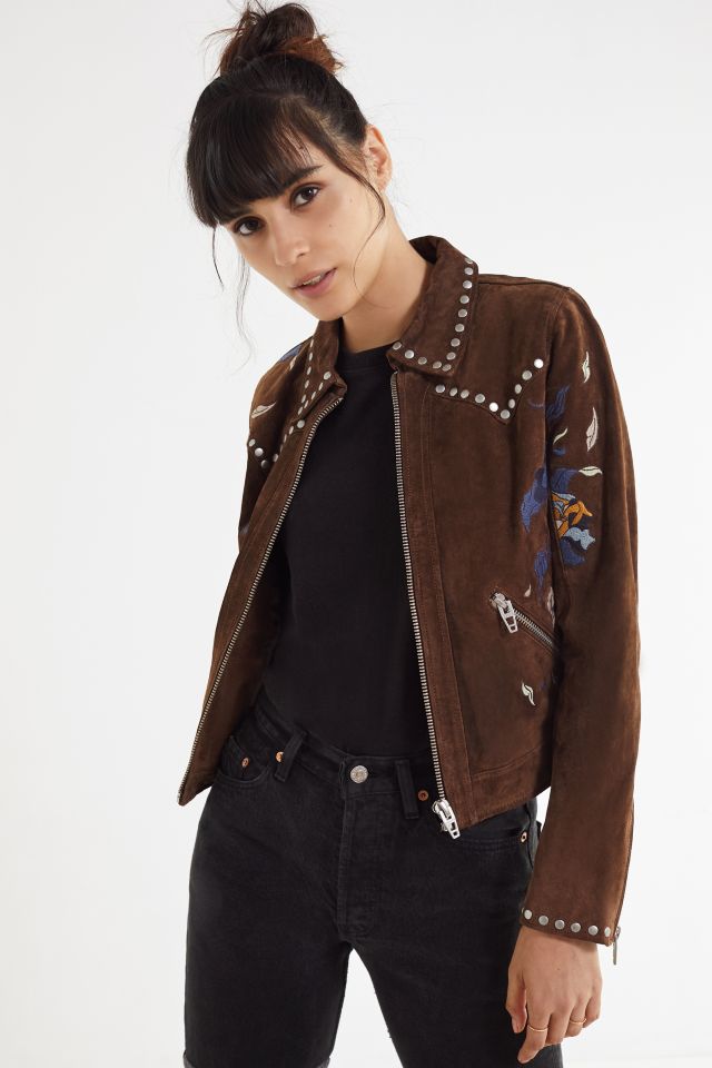 BLANKNYC Embroidered Suede Moto Jacket | Urban Outfitters