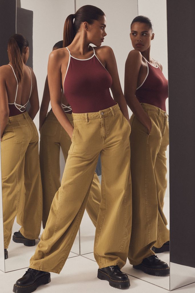 BDG Lisa High-Rise Tapered Wide Leg Jean - Golden Olive | Urban Outfitters