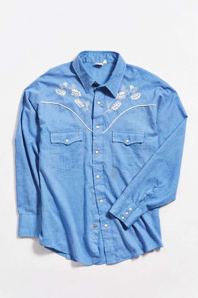 Vintage Blue Embroidered Floral Vine Western Shirt | Urban Outfitters
