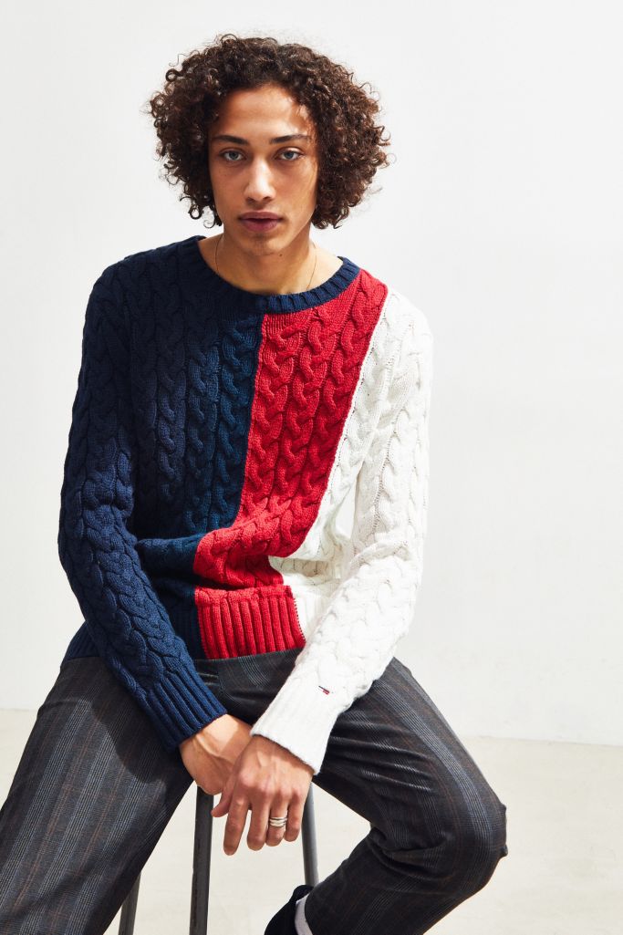 Tommy Jeans Colorblock Cable Knit Crew-Neck Sweater | Urban Outfitters