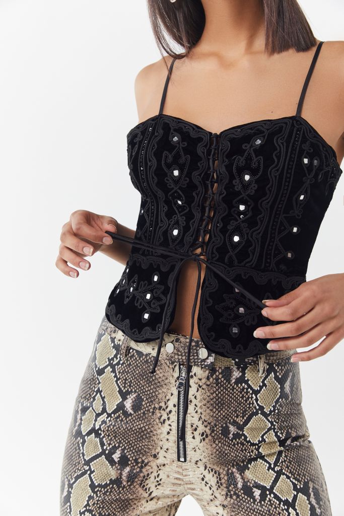 UO Bella Velvet Embroidered Corset Top Urban Outfitters