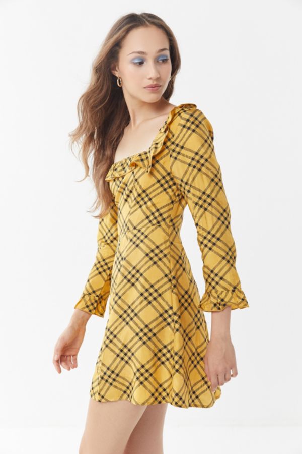 UO Kristen Plaid Ruffle Square-Neck Dress | Urban Outfitters