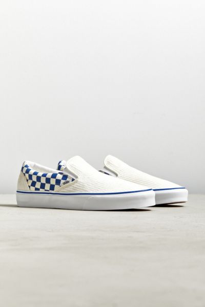 red and blue checkerboard slip on vans