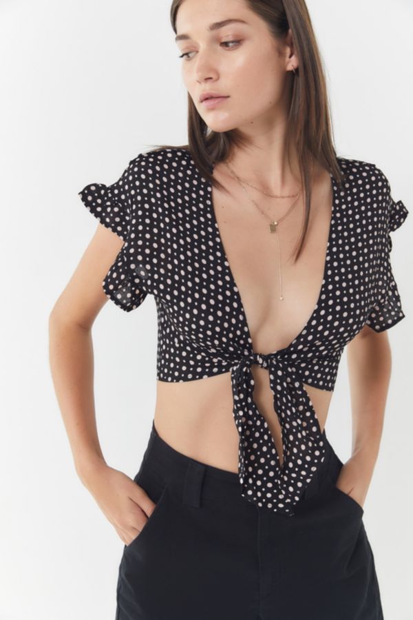 Urban Renewal Remnants Polka Dot Ruffle Tie Front Cropped Top Urban