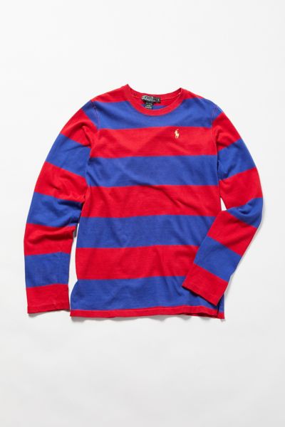 red and blue striped long sleeve shirt