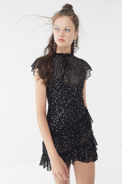 Lost + Wander Estella Metallic Lace Ruffle Mini Dress | Urban Outfitters