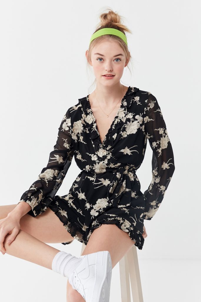 Bardot Floral Embroidered Long Sleeve Romper Urban Outfitters